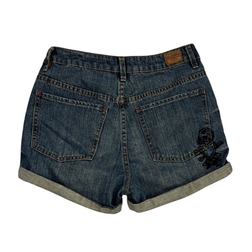 Ed Hardy Denim Jorts Size 26 Embroidered Skull Tattoo Print Lining EUC